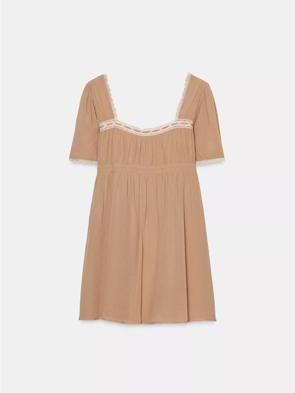 Zara Tan Square-Neck Mini Dress with Lace Trim